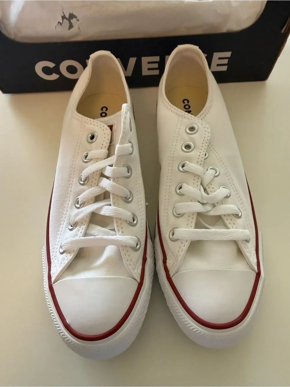 Converse White Low Top Sneakers with Red Trim